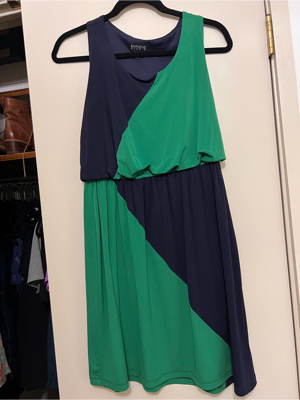 Enfocus Studio Navy & Green Colorblock Dress Size 8 Sleeveless Blouson